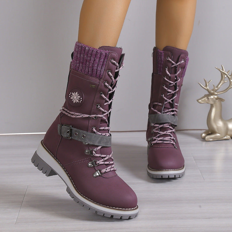 Women's Belt Strap Design Lace Up  Snowboots