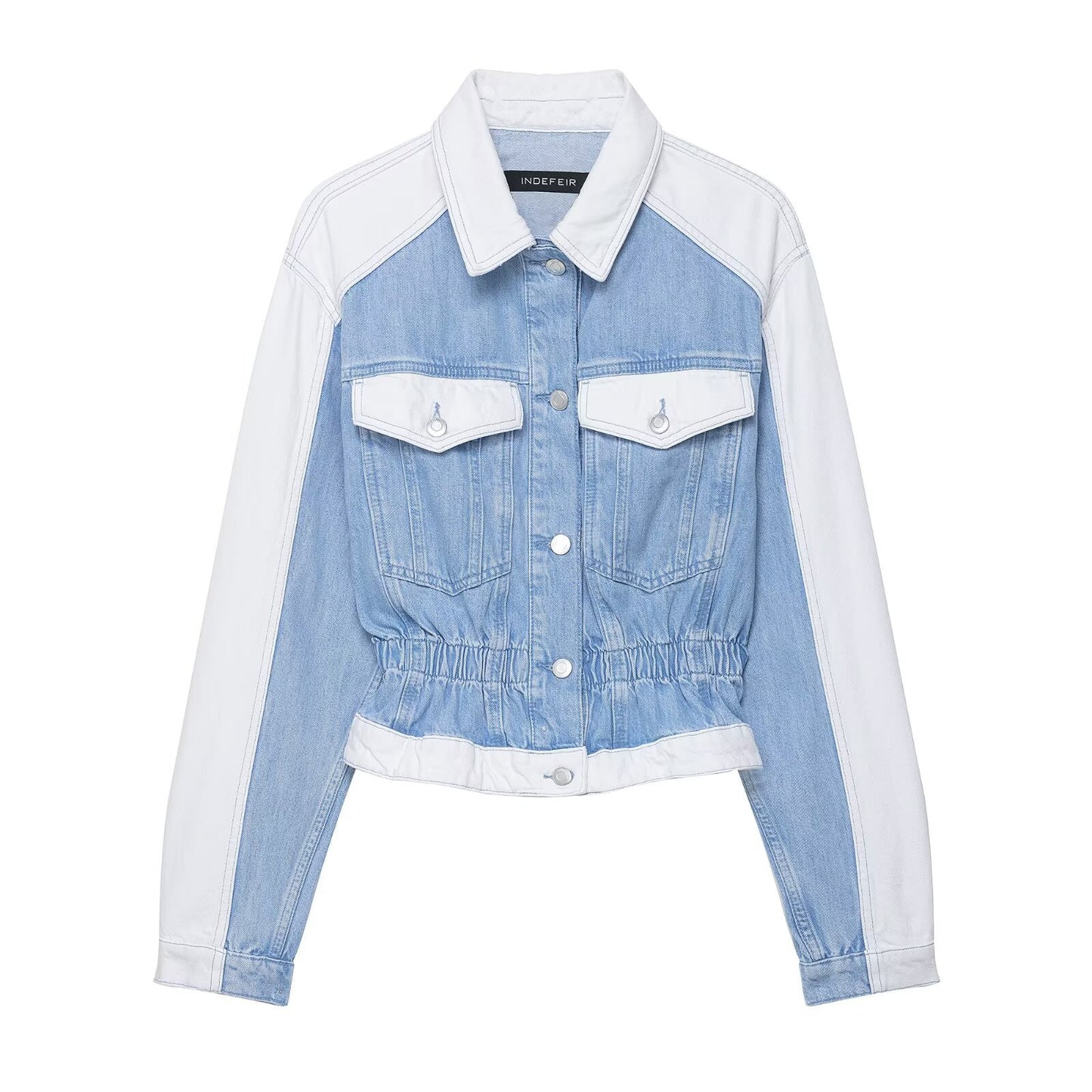 Denim Blue/White Women's Patchwork Double Pocket Design Cropped Jean Jacket + Colorblock Mid-Waist Straight Jeans 2-Piece Set-SOLD AS SEPARATES