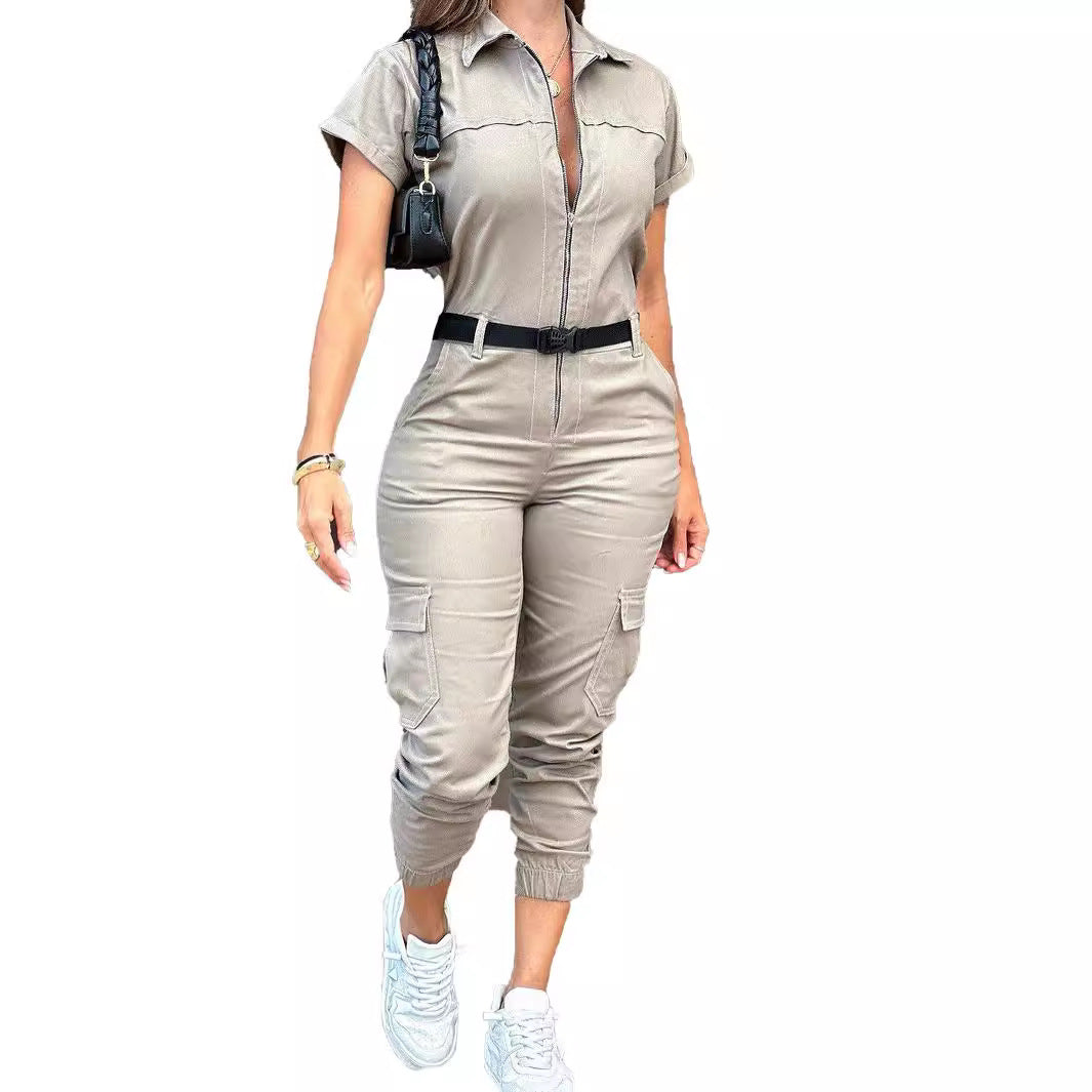 Cargo Pocketed Women's Short Sleeve Turn-Down Collar Zipper Front Skinny Fit Jumpsuit