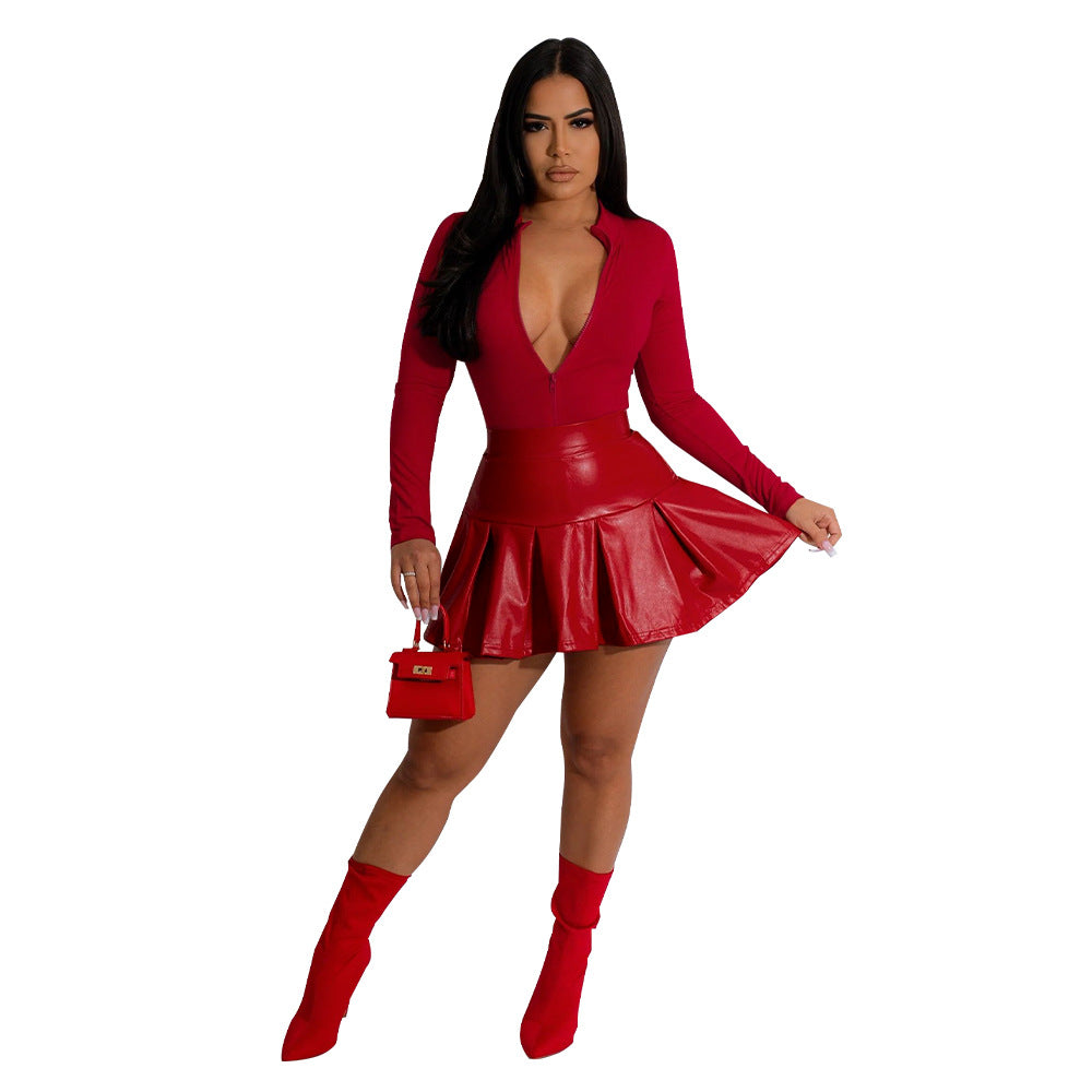 Deep Plunge Neck Long Sleeve Zipper Top + Ruffled Pleated Faux Leather Mini Skirt 2-Piece Set
