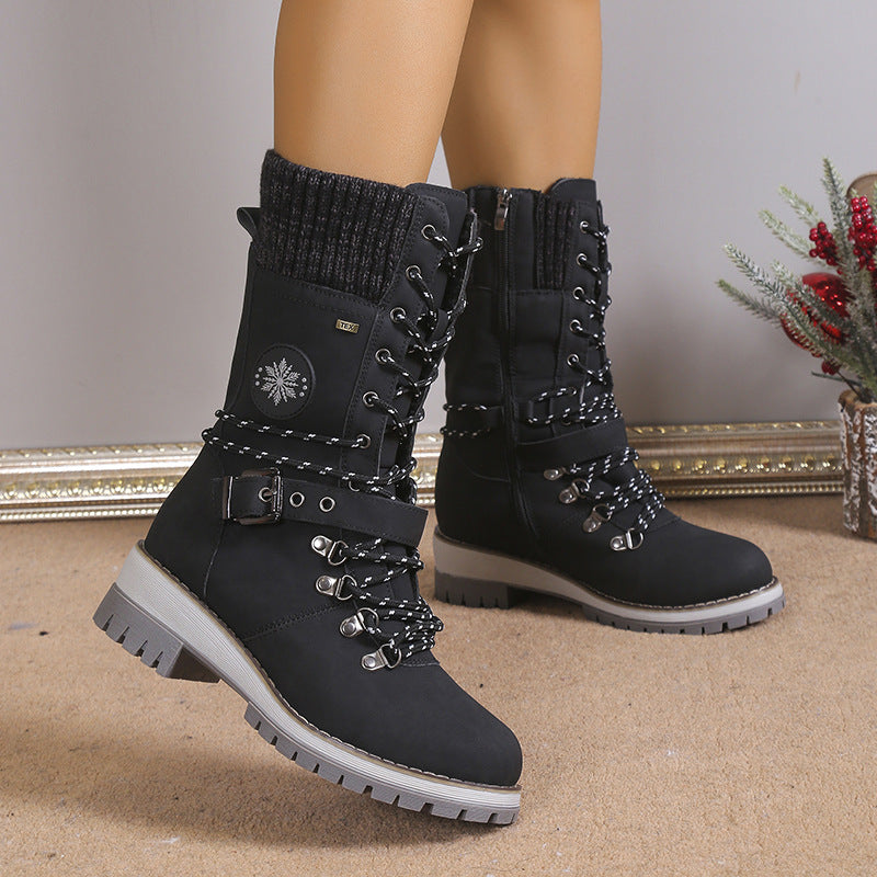 Women's Belt Strap Design Lace Up  Snowboots