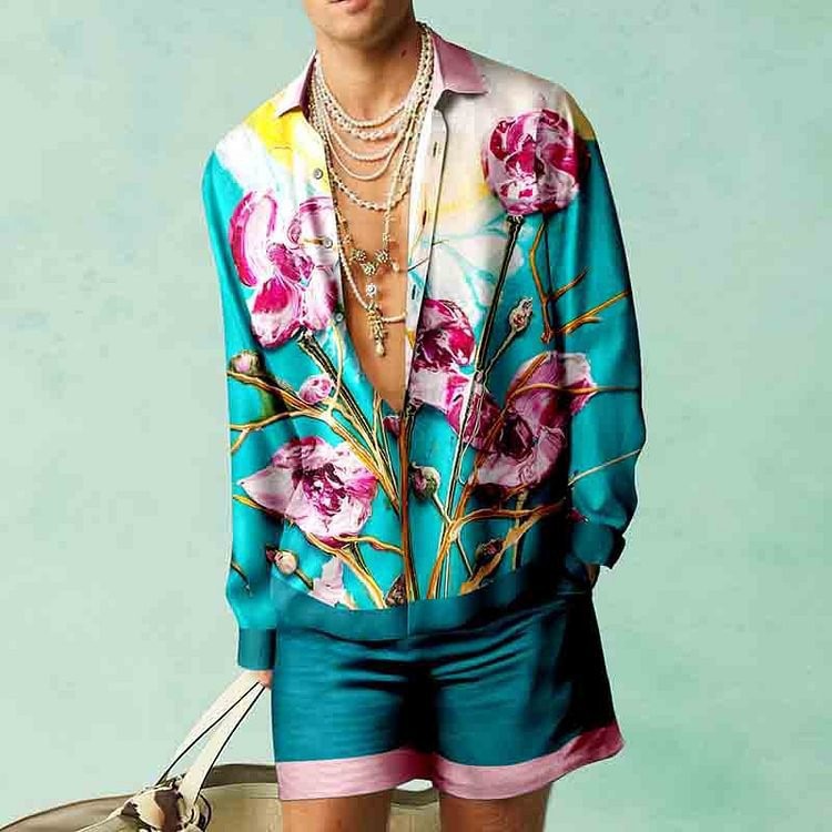 Men's Open V-Neck Floral/Baroque/African/Music Note 3D Printed Long Sleeve Shirt + Shorts 2-Piece Summer Set