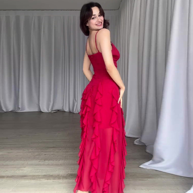 Ruffled Skinny Layered Sheer Patchwork Sleeveless Spaghetti Strap Maxi Party Dress