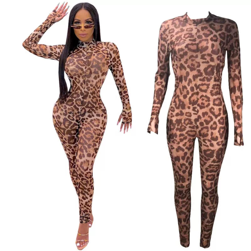 Leopard Print Transparent Sheer Mesh Turtleneck Long Sleeve Jumpsuit