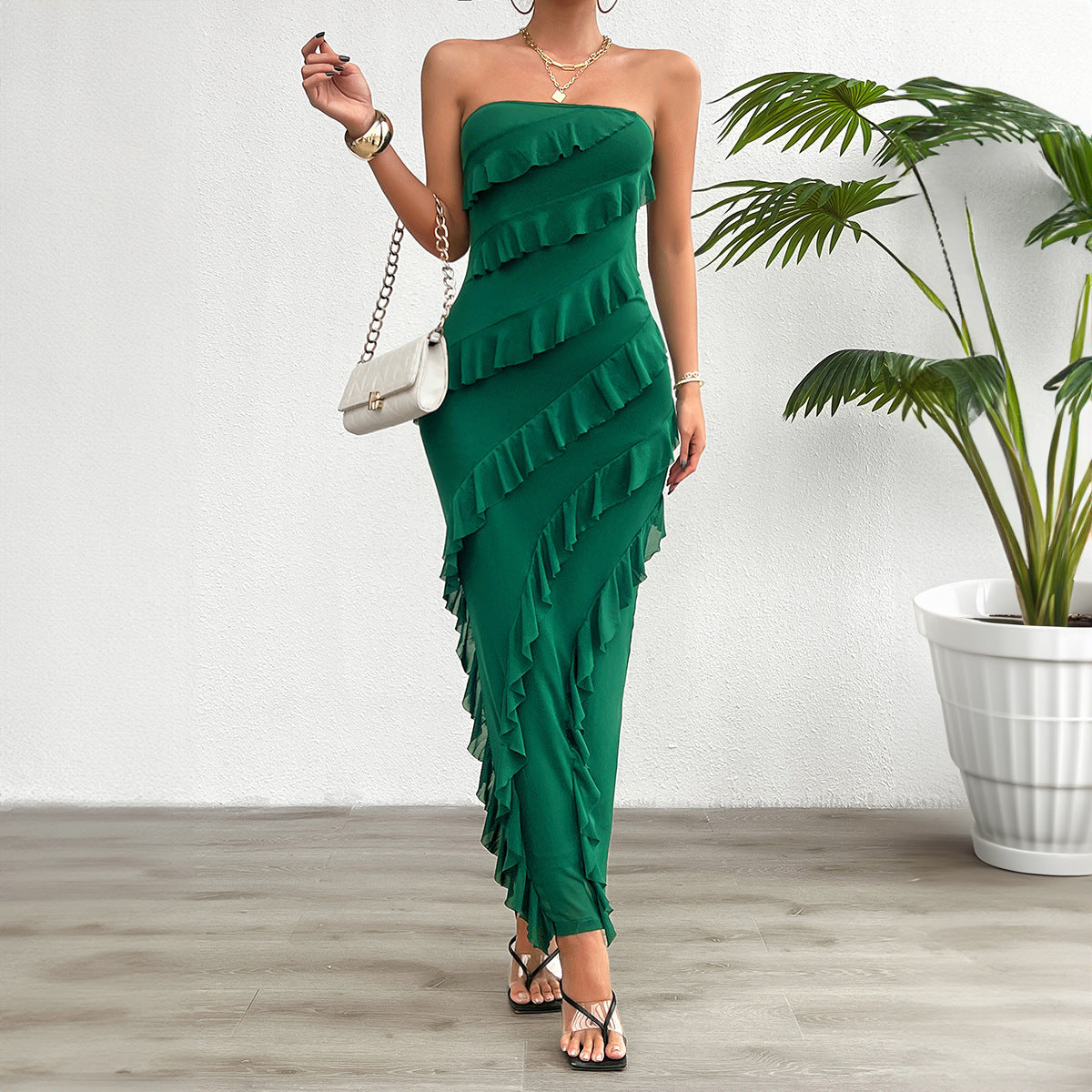 Sleeveless Tassel Fringe Detail Solid Color High Slit Tube Maxi Dress