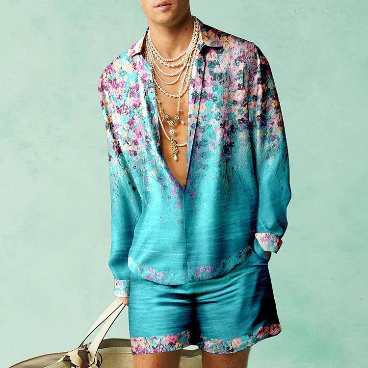 Men's Open V-Neck Floral/Baroque/African/Music Note 3D Printed Long Sleeve Shirt + Shorts 2-Piece Summer Set