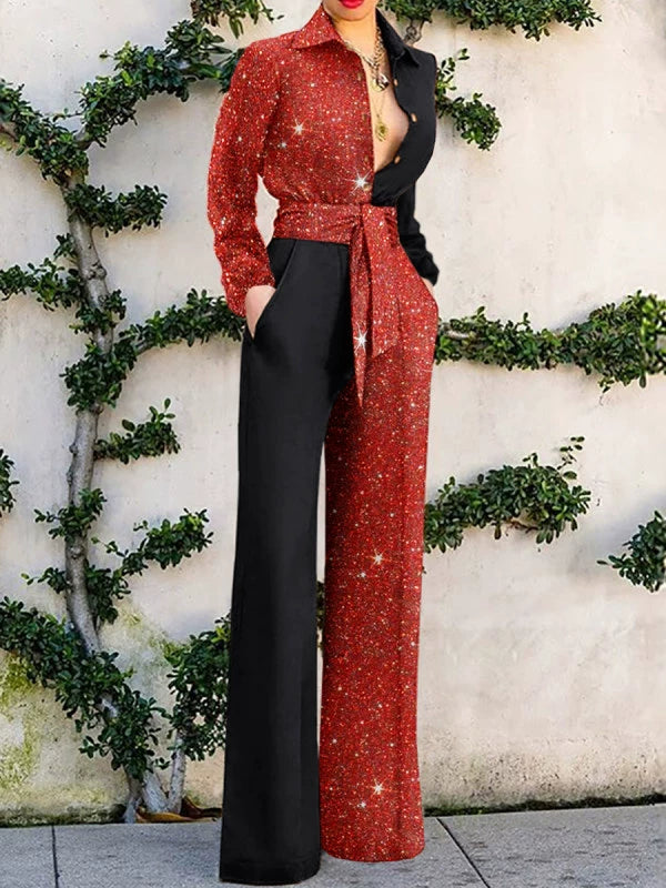 Sparkling Glitter Colorblock Turn-Down Collar Women's Long Sleeve V-Neck Sash Belt Formal Jumpsuit