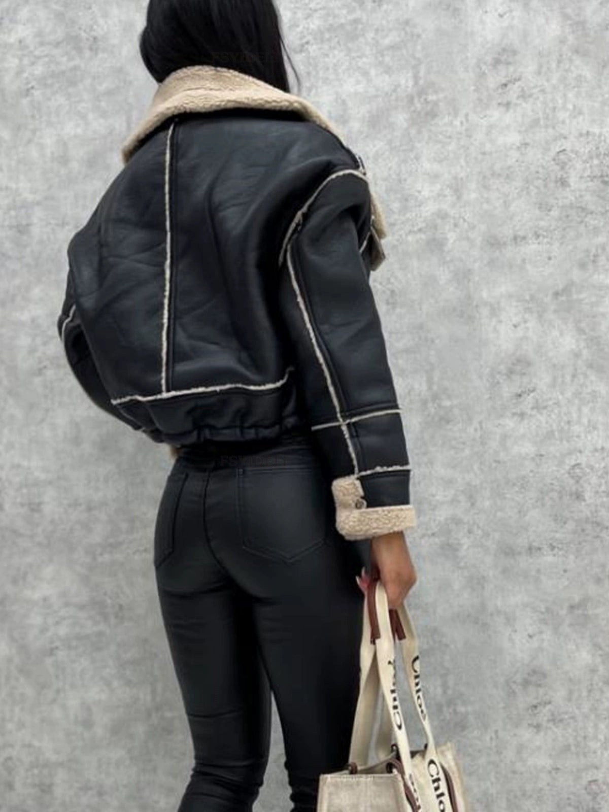 Patchwork Faux Fur PU Leather Lined Women's Short Zipper Drawstring Jacket