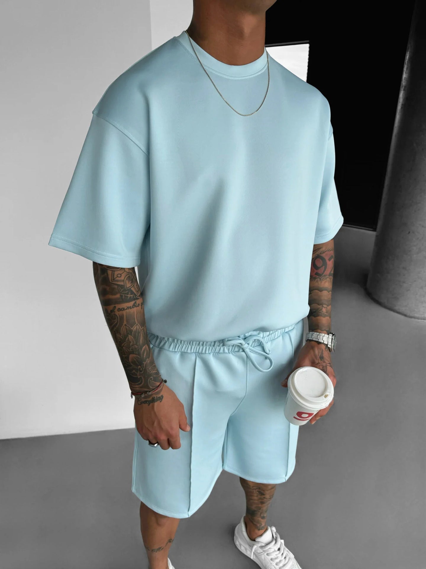 Men's Solid Color Short Sleeve O-Neck T-Shirt + Shorts 2-Piece Set