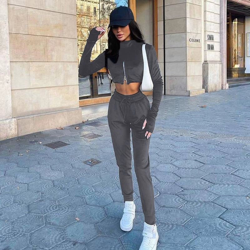 Reverse Zipper Women's Long Sleeve Crop Pullover Jacket + Drawstring Sweatpants Tracksuit