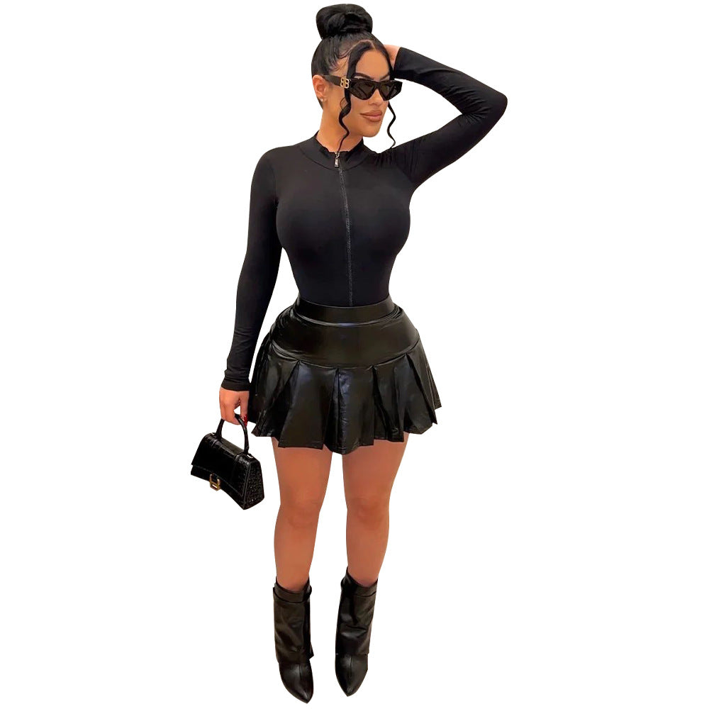 Deep Plunge Neck Long Sleeve Zipper Top + Ruffled Pleated Faux Leather Mini Skirt 2-Piece Set