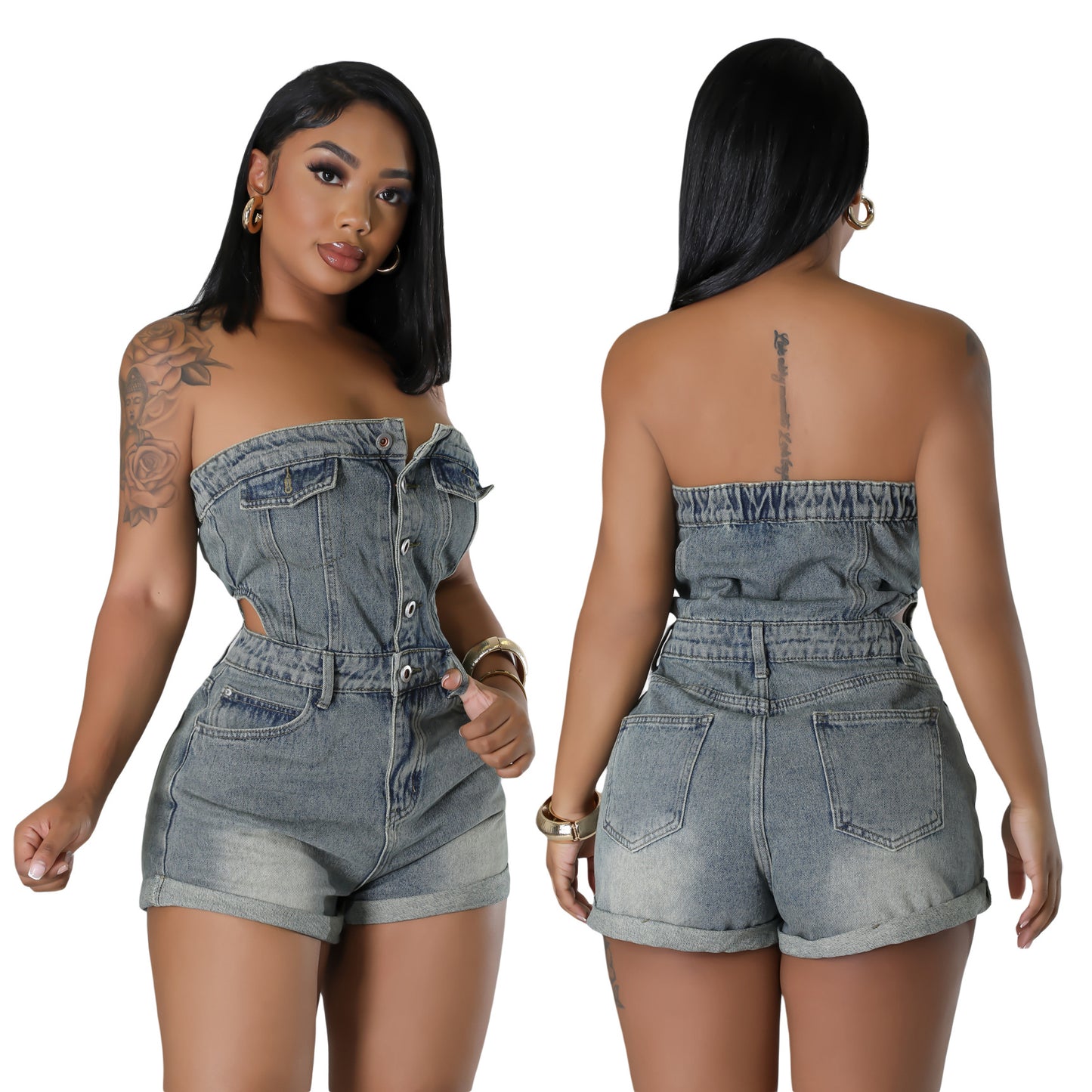 Denim Faded Grey Button-Up Women's Tube Top Jean Mini Shorts Romper