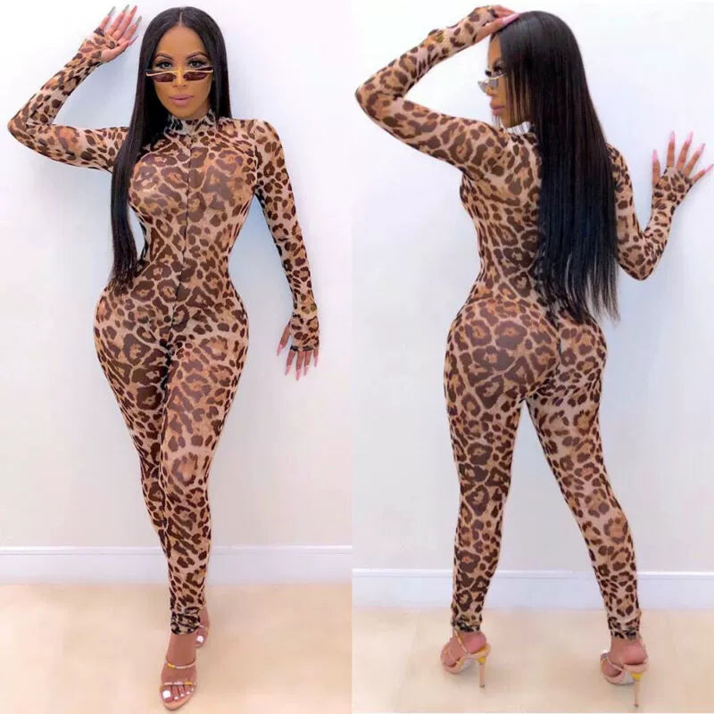 Leopard Print Transparent Sheer Mesh Turtleneck Long Sleeve Jumpsuit