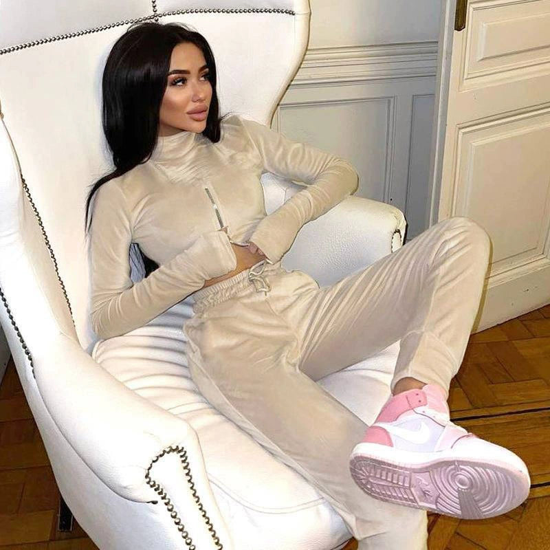 Reverse Zipper Women's Long Sleeve Crop Pullover Jacket + Drawstring Sweatpants Tracksuit