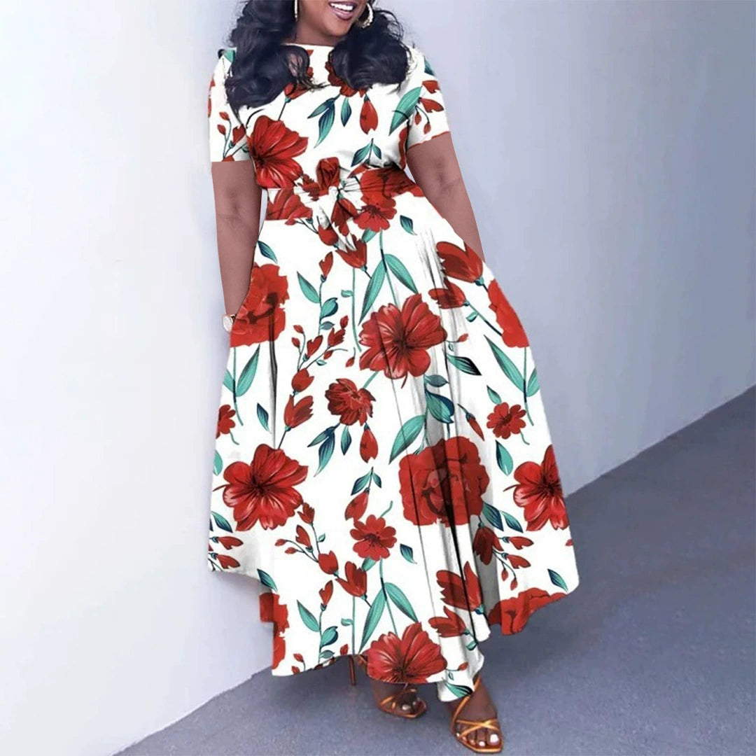 Camoflauge/Newspaper/Faux Denim Colorblock/Floral/Baroque/Geometric/Polka Dot Print Short Sleeve Maxi Office Dress to 3X Plus Size