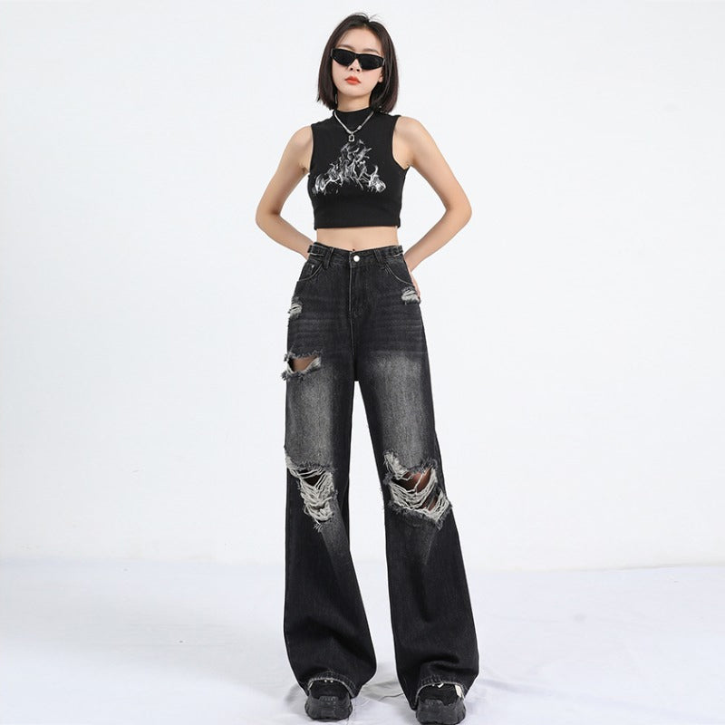 Black Washed Colorblock Ripped Fringe Design Straight Loose Women's Wide Leg Jeans