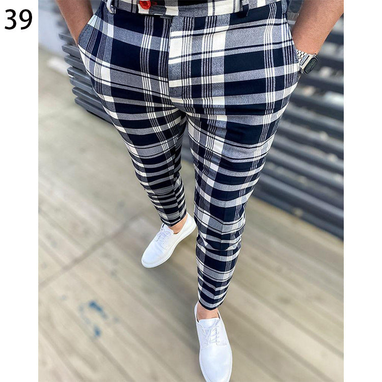 Men's Plaid Checker/Baroque Print Skinny Dress Pants