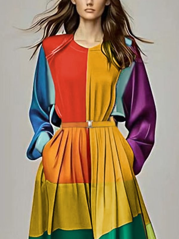 Rainbow Striped Colorblock Long Sleeve Loose O-Neck Maxi Dress w/ Sash Belt