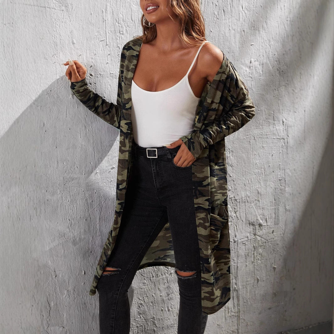 Camoflauge Printed Pocket Women's Long Sleeve Maxi Cardigan