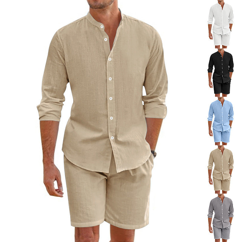 Men's O-Neck Button-Up Long Sleeve Top + Drawstring Shorts 2-Piece Set
