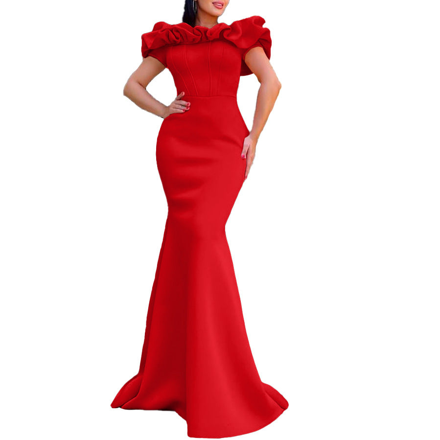 Fishtail Ruffled Collar Pleated Evening Dress