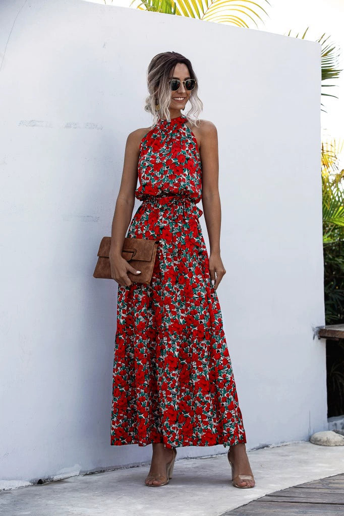 Floral/Polka Dot Halter Beach Maxi Dress