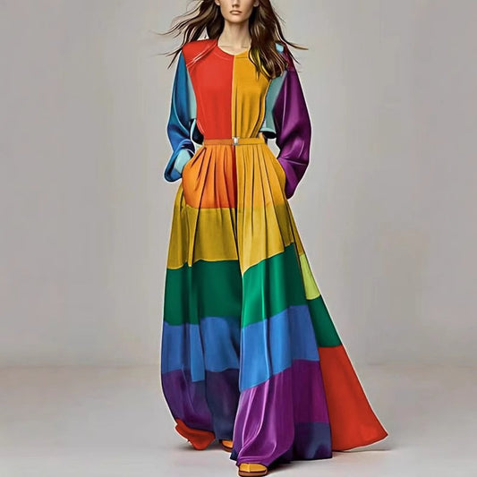 Rainbow Striped Colorblock Long Sleeve Loose O-Neck Maxi Dress w/ Sash Belt