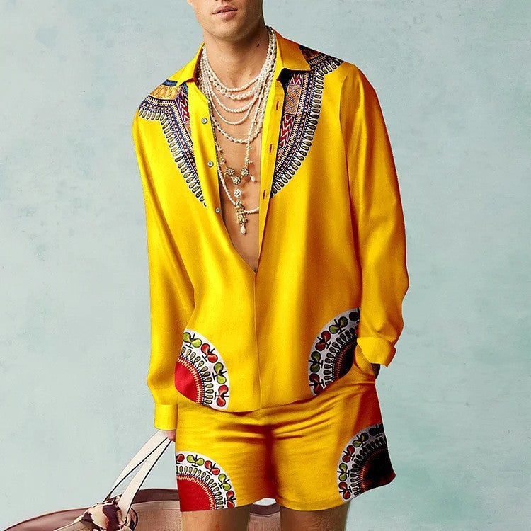 Men's Open V-Neck Floral/Baroque/African/Music Note 3D Printed Long Sleeve Shirt + Shorts 2-Piece Summer Set