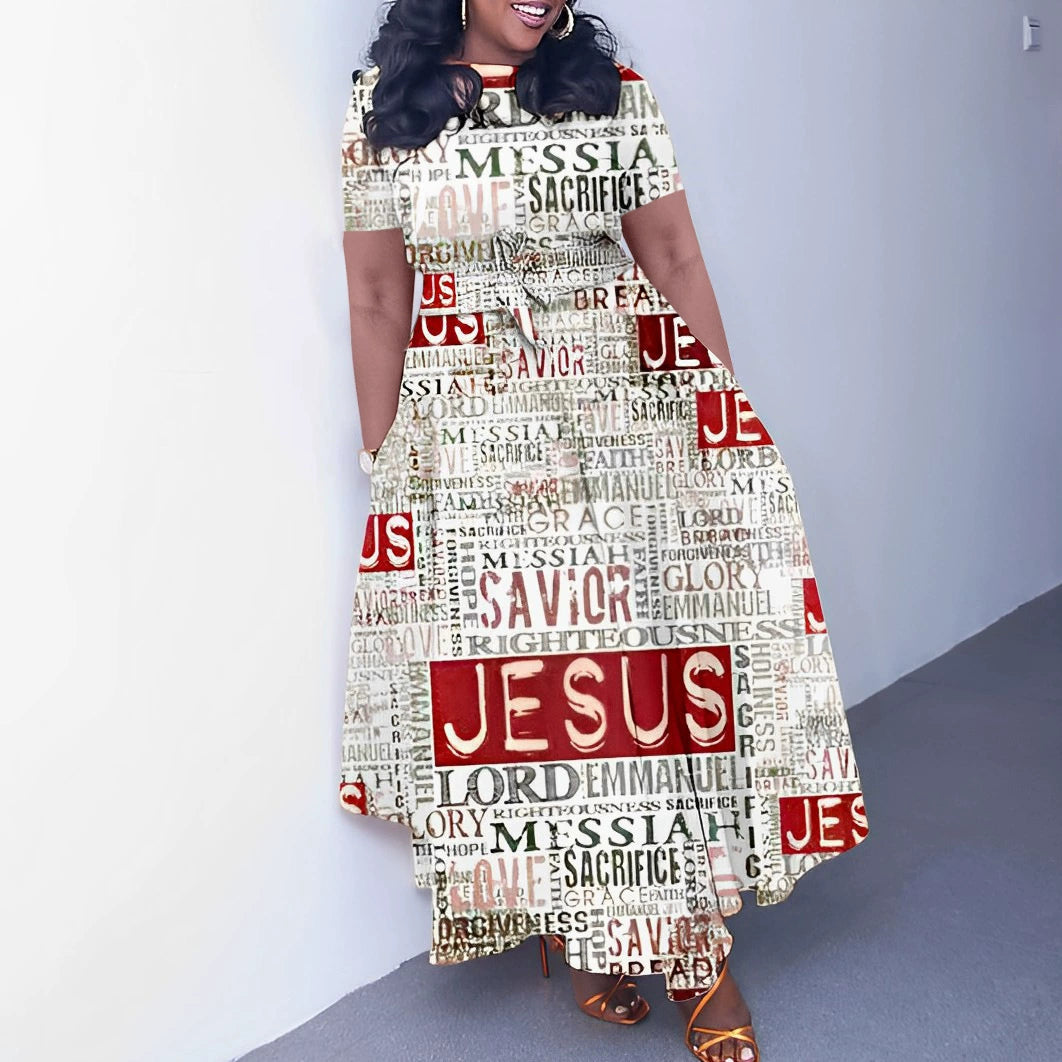 Camoflauge/Newspaper/Faux Denim Colorblock/Floral/Baroque/Geometric/Polka Dot Print Short Sleeve Maxi Office Dress to 3X Plus Size