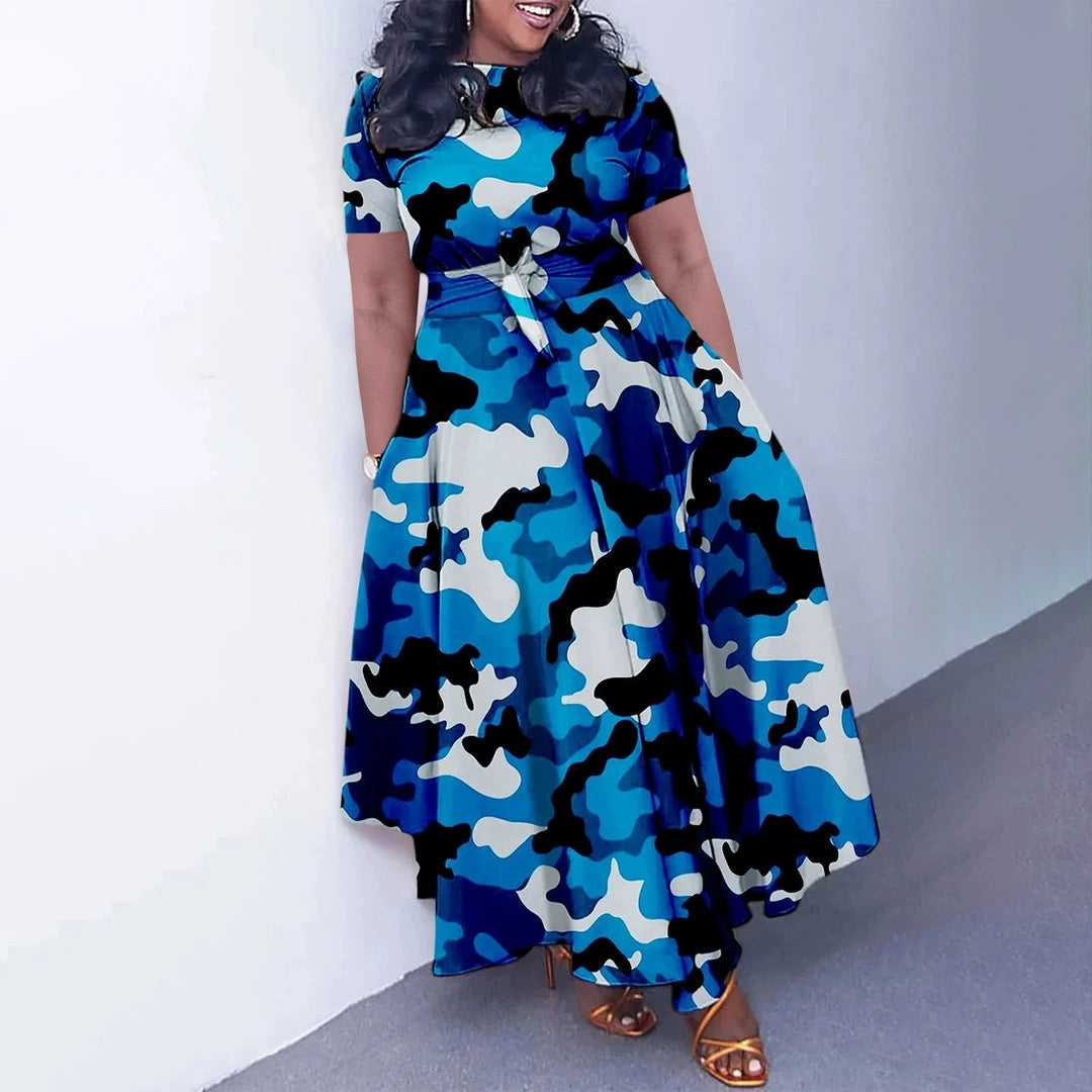 Camoflauge/Newspaper/Faux Denim Colorblock/Floral/Baroque/Geometric/Polka Dot Print Short Sleeve Maxi Office Dress to 3X Plus Size