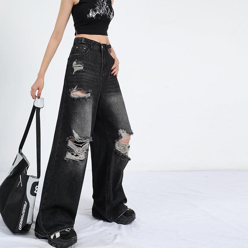 Black Washed Colorblock Ripped Fringe Design Straight Loose Women's Wide Leg Jeans