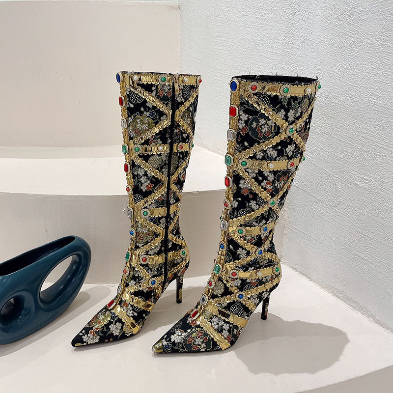 Rhinestone Baroque Metallic Floral Gold/Black Gladiator Stiletto Heel Knee-High Women's Boots