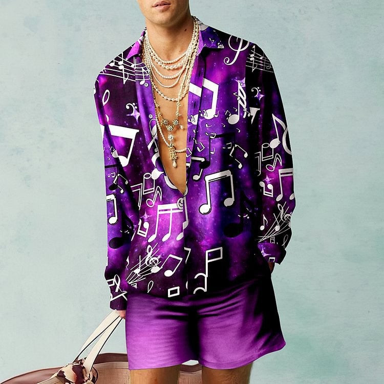 Men's Open V-Neck Floral/Baroque/African/Music Note 3D Printed Long Sleeve Shirt + Shorts 2-Piece Summer Set