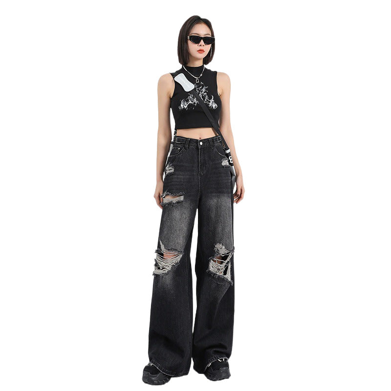 Black Washed Colorblock Ripped Fringe Design Straight Loose Women's Wide Leg Jeans