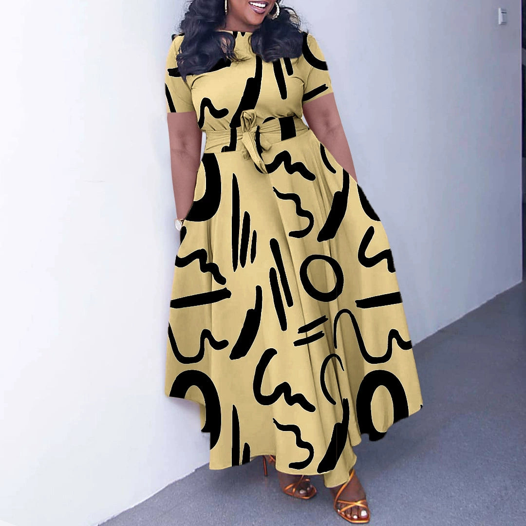 Camoflauge/Newspaper/Faux Denim Colorblock/Floral/Baroque/Geometric/Polka Dot Print Short Sleeve Maxi Office Dress to 3X Plus Size