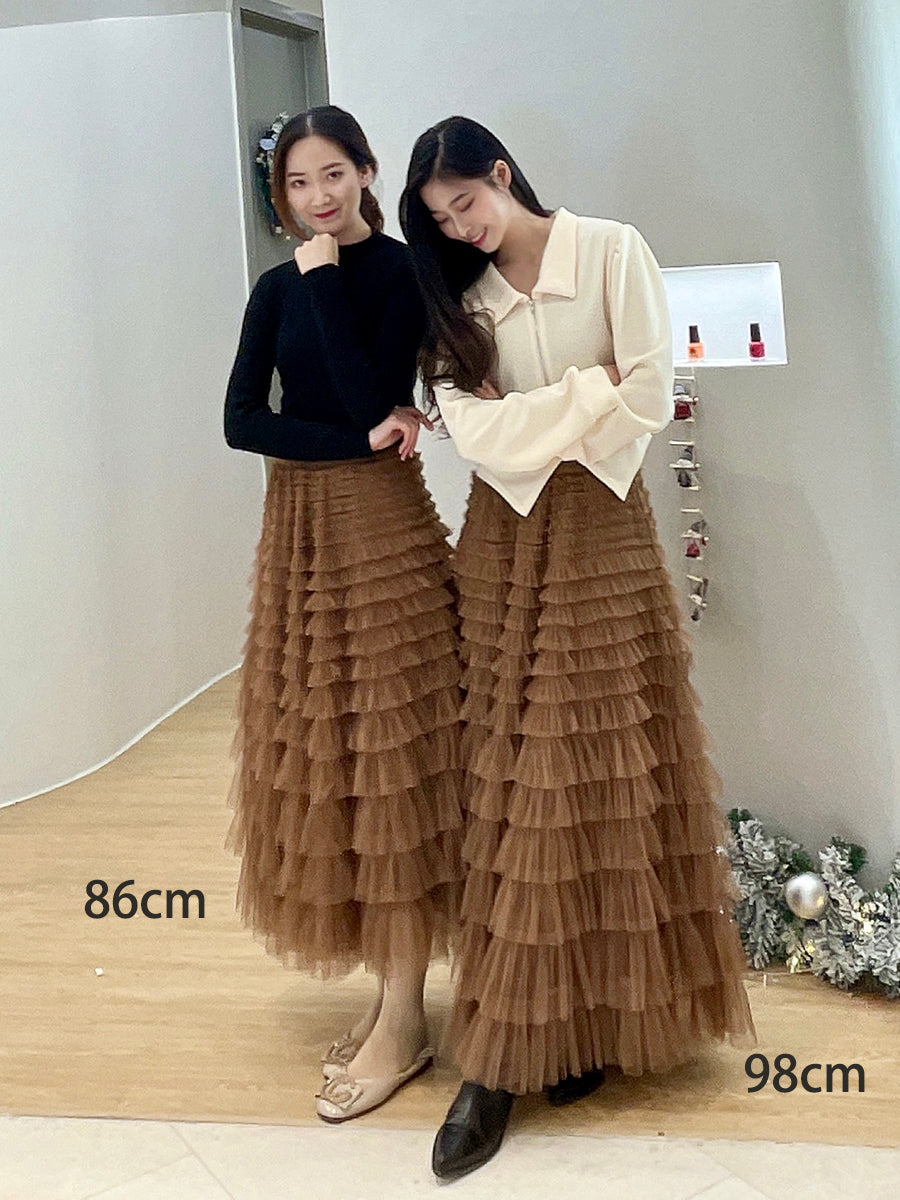 Ruffled Gauze Mesh Tutu Maxi Skirts