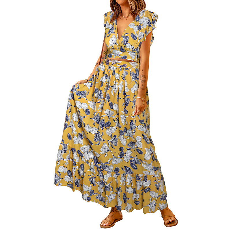 Lotus Leaf Print Crop V-Neck Top + Ruffled Hem Maxi Skirt Two-Piece Set