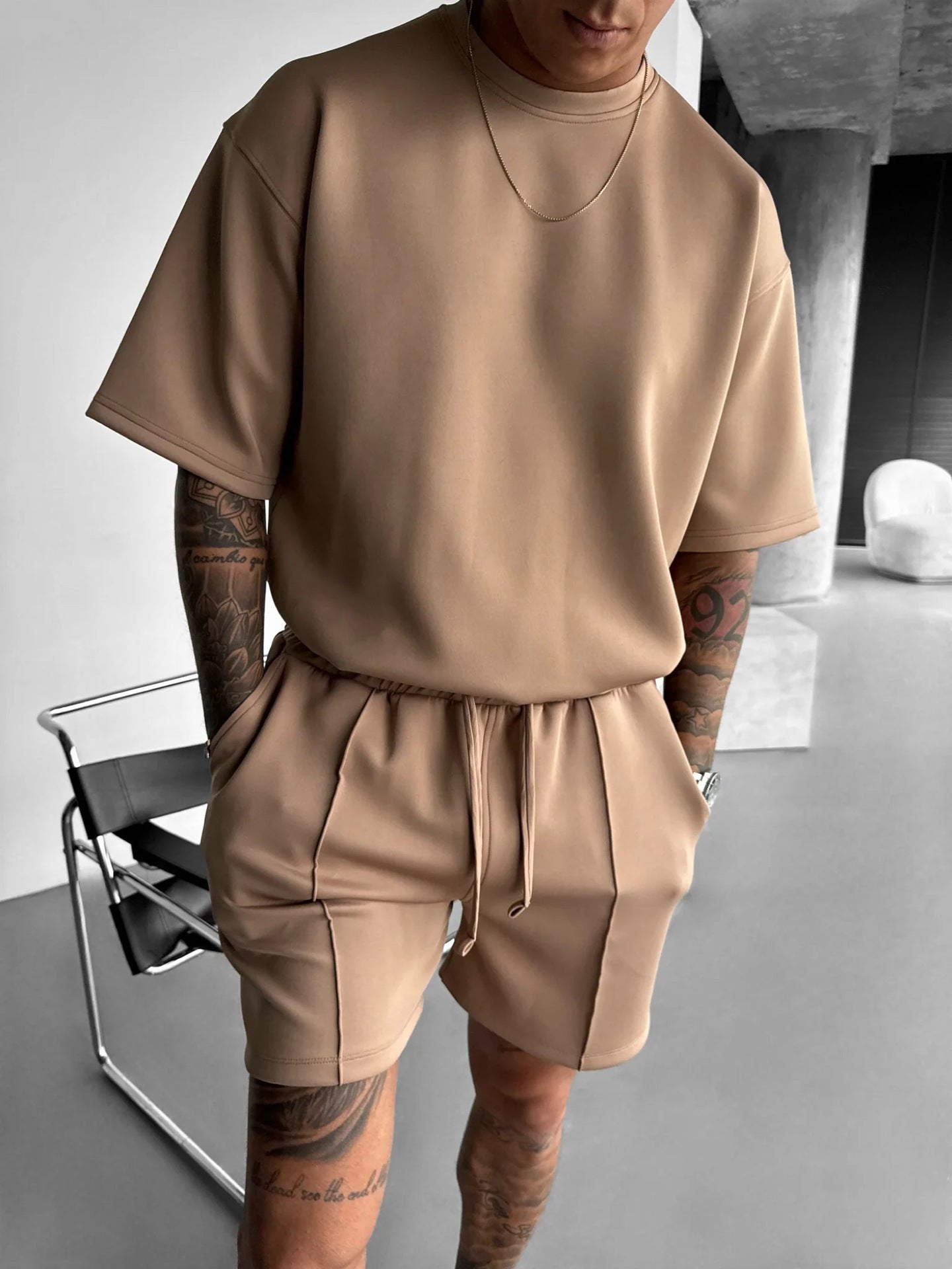 Men's Solid Color Short Sleeve O-Neck T-Shirt + Shorts 2-Piece Set