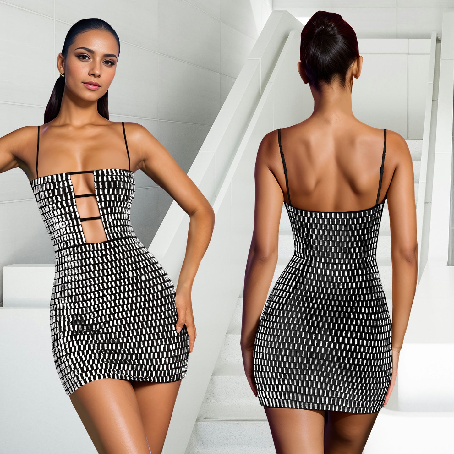 Shiny Geometric Rhinestone Hollow-Out Spaghetti Strap Formal Mini Dress