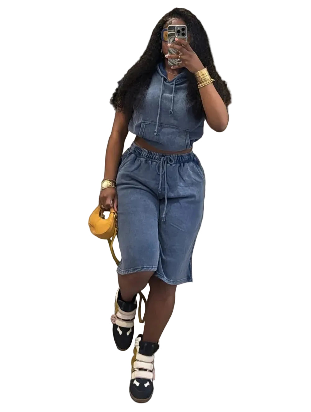 Washed Mock Denim Sleeveless Streetwear Women's Hoodie Top + Drawstring Shorts 2-Piece Set
