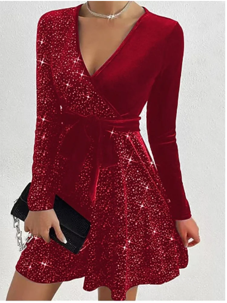 Velvet Sparkling Glitter Sequin Star Design Deep V-Long Sleeve Solid Color Mini Formal Party Dress w/ Sash Belt