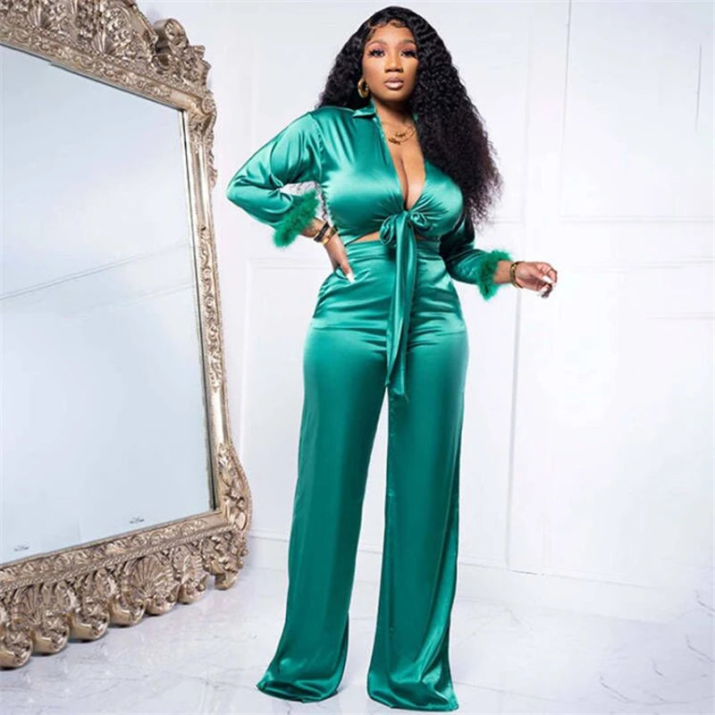 Silky Satin Feather Design Long Sleeve Lace Up Cropped Blouse + Wide Leg Pants 2-Piece Set