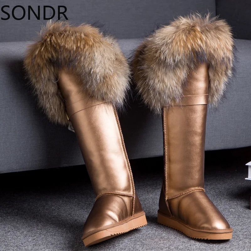 Faux Fur Trim Genuine Leather Solid Knee-High Flat Women's Snowboots