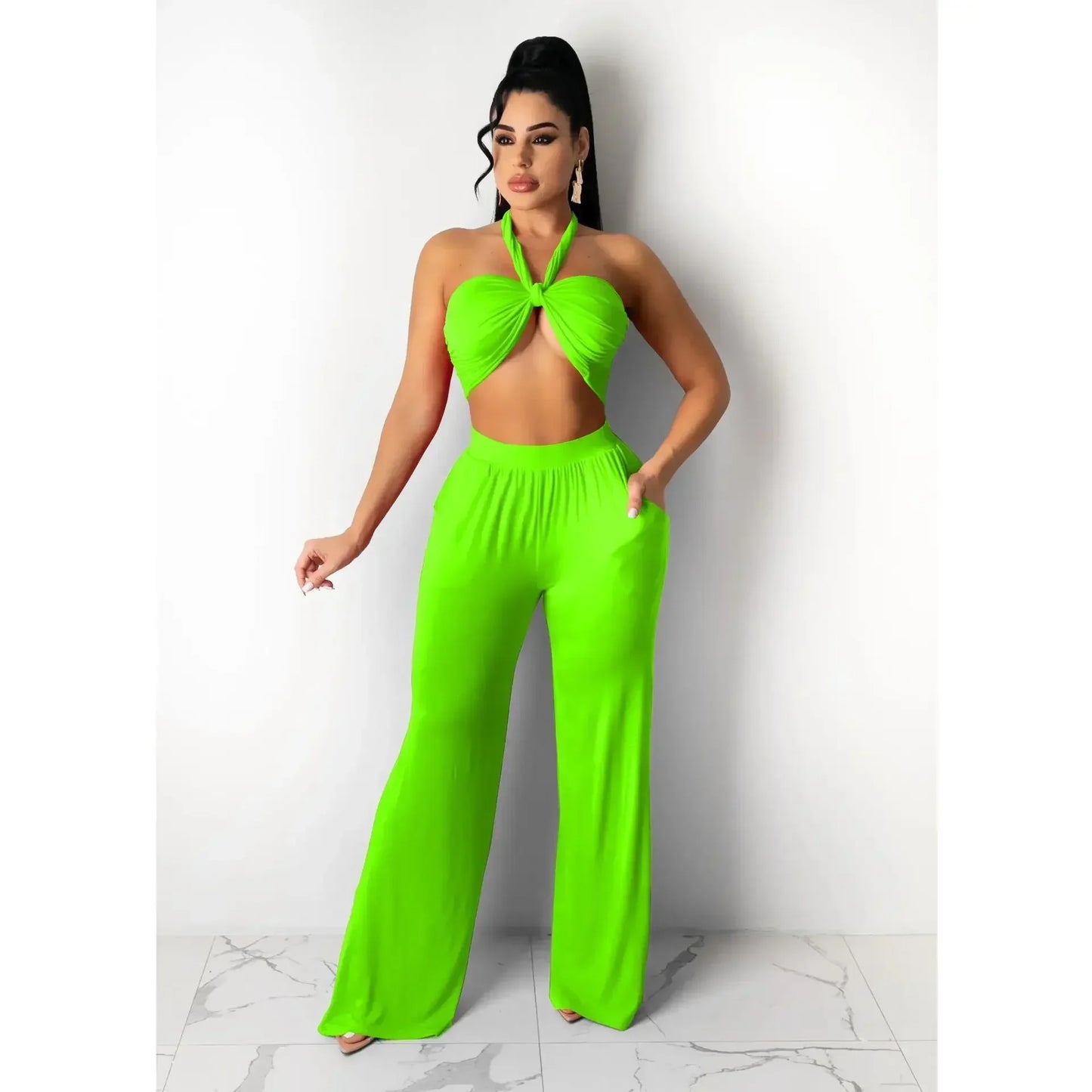 Strapless Hollow-Out  Hatler Neck Crop Top + Leggings Bodycon Solid Color Women's 2-Piece Set