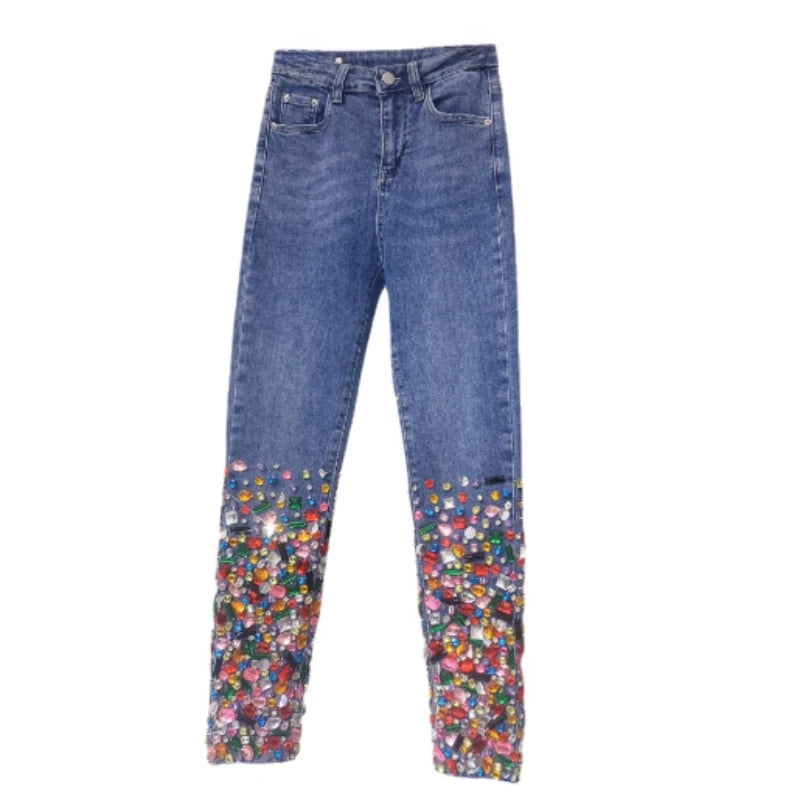 Diamond Rhinestone Gem Embellished Design Women's Denim Skinny Jeans