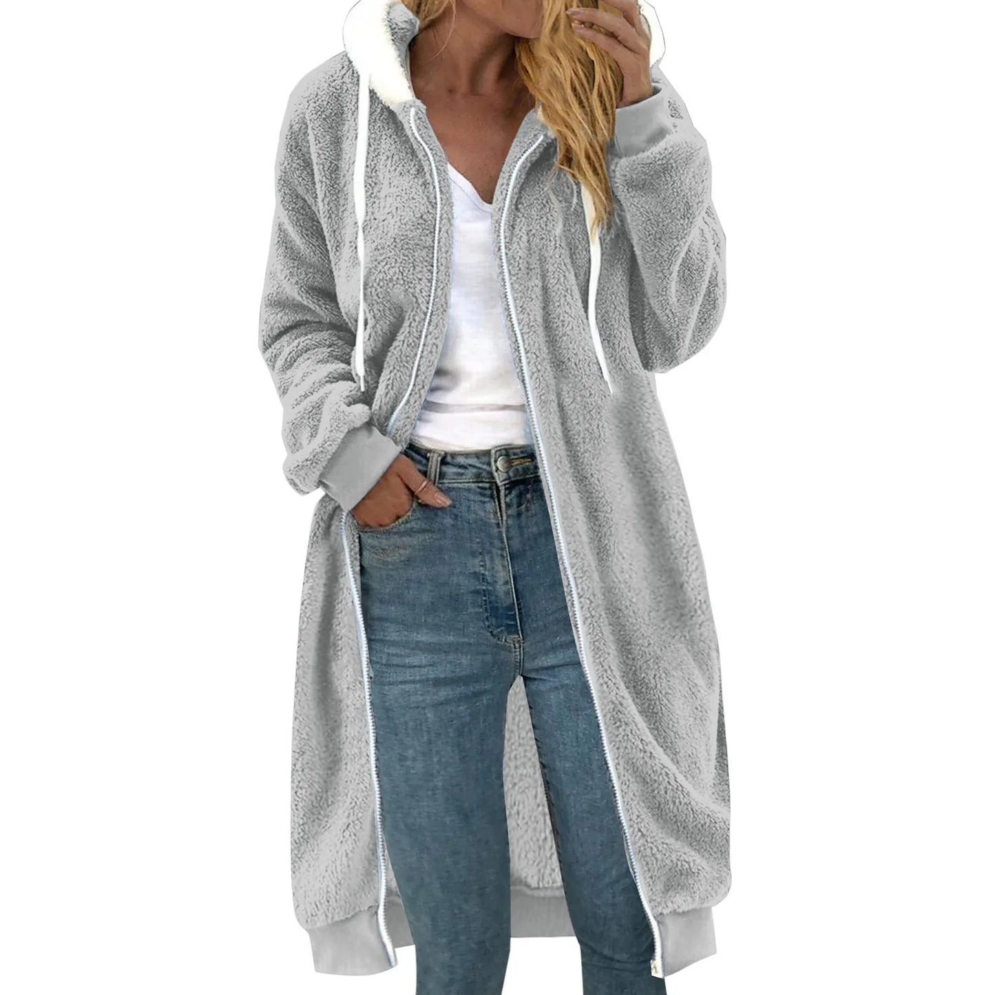 Colorblock Fleece Plush Women's Zipper Maxi Trench Hoodie Sweatshirt Shacket