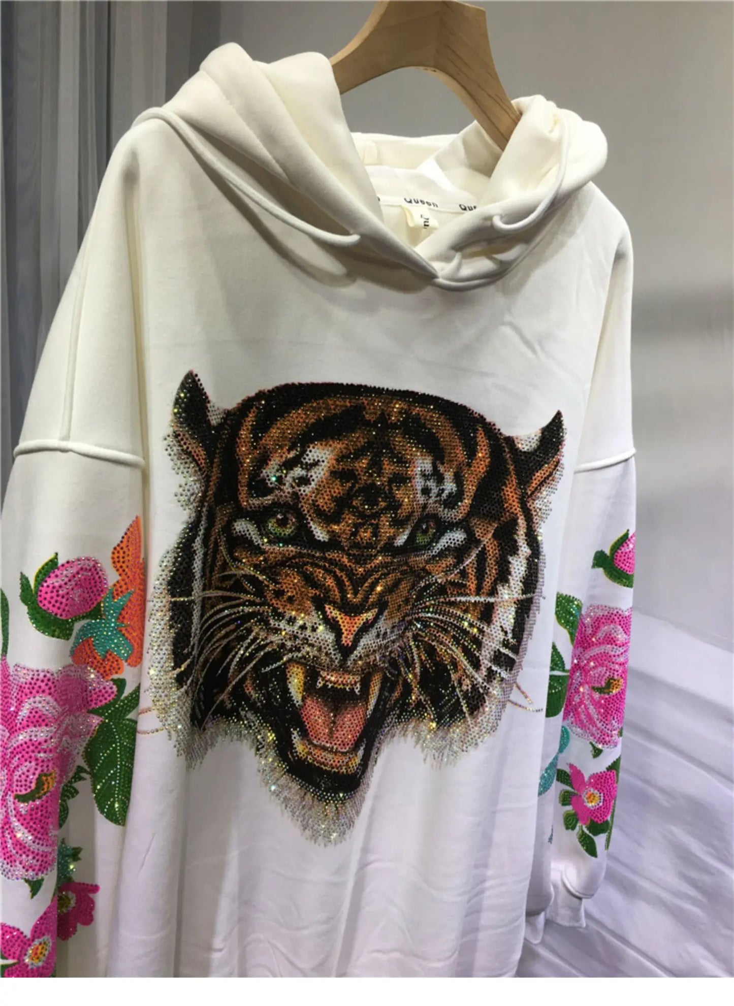 Sparkling 3D Rhinestone Fleece Padded Women's Leopard Tiger Hoodie Sweatshirt