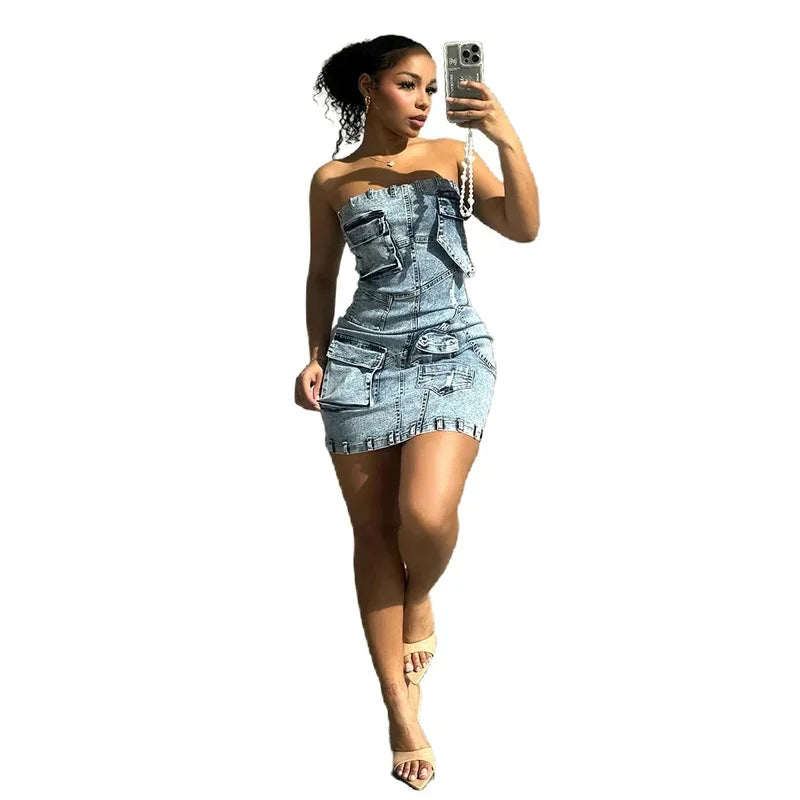 Denim Light Blue Washed Faded  Sleeveless Tube Top Design Cargo Pocketed Streetwear Mini Jean Dress