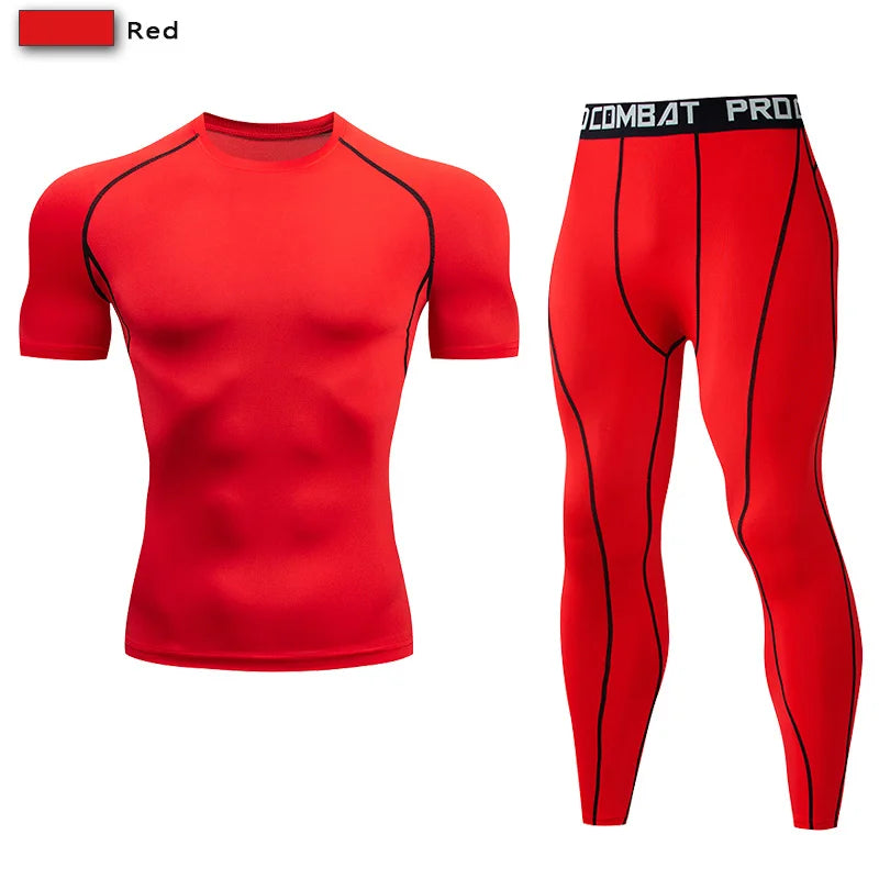 Men's Compression Gym Biking Shirt + Workout Leggings Fitness Athleseuire Set