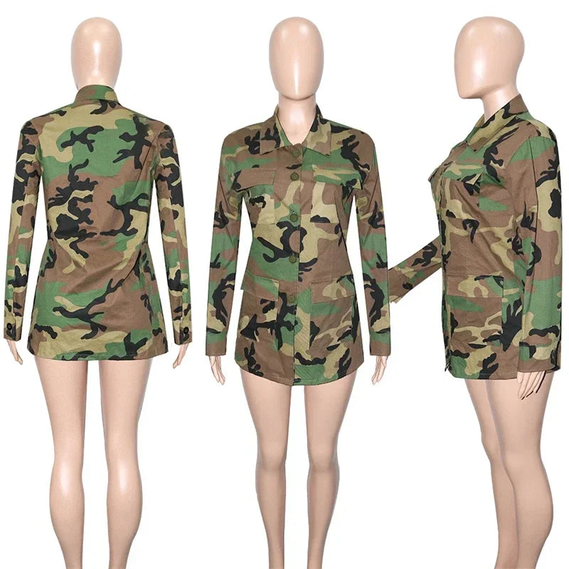 Camoflauge Print Cargo Pocketed Long Sleeve Oversized 3/4 Women's Coat